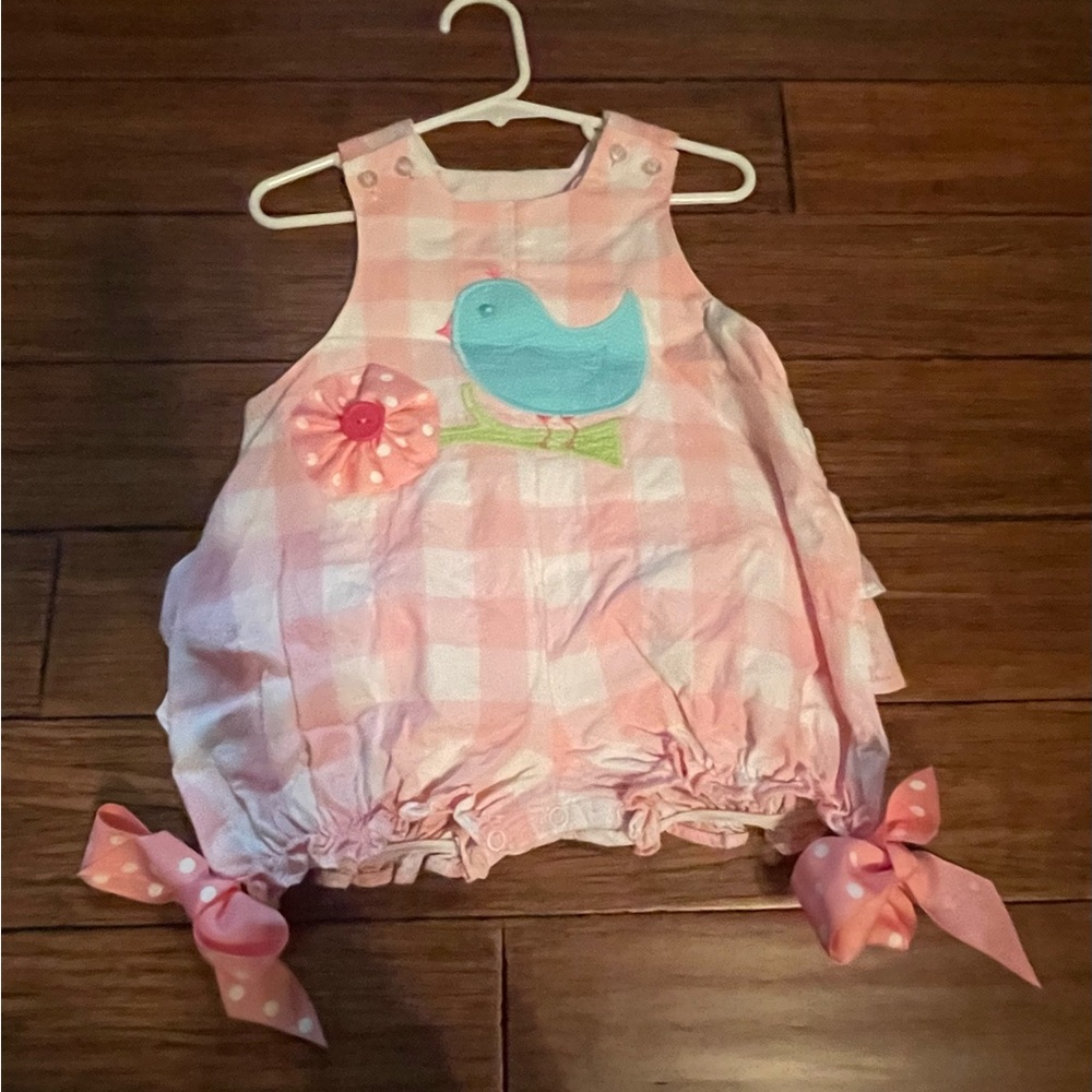 Bailey Boys Excellent Used Condition Pink Plaid Baby Romper with Bird Applique